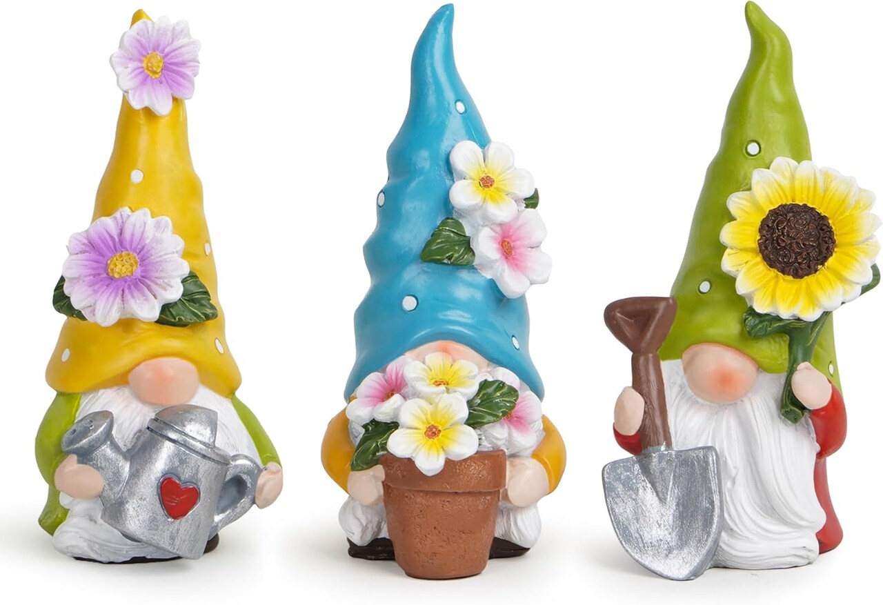 3 Pcs 3.5''H Spring Gnomes Garden Pointed Hat Flowers Gnome Decorations Handmade Tomte Elf Summer Resin Gnomes Figurines Spring Decorations for Home Table Decor Gifts